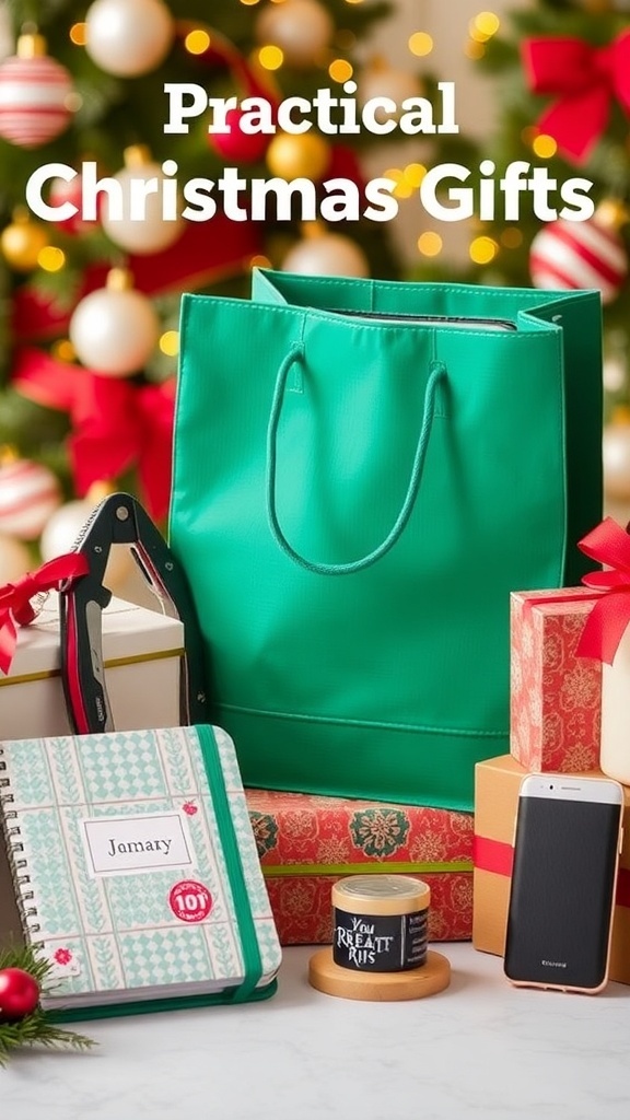 A collection of useful Christmas gifts including gadgets and accessories, arranged with holiday decorations.